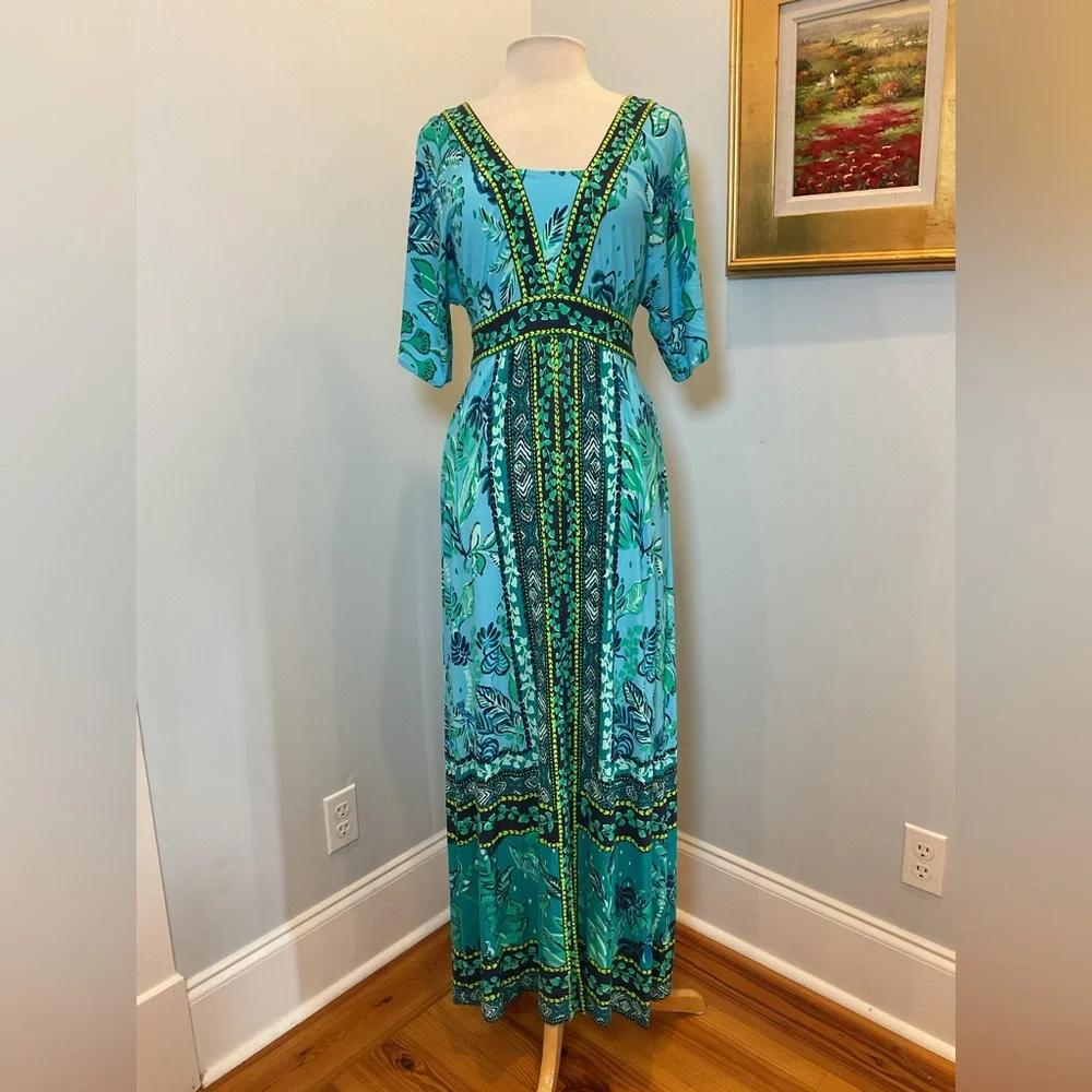 Lilly Pulitzer ILIA Elbow Sleeve Maxi Seabreeze‎ Blue Plant One On You Engin - Picture 2 of 8